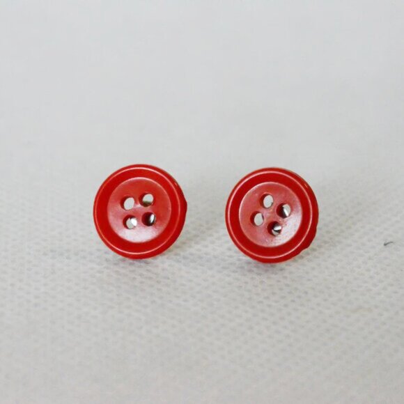Red Button Stud Earrings - Picture 2 of 4